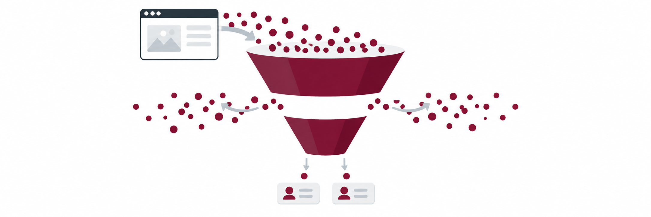 Marketing funnel showing website traffic escaping through a gap, with only a few visitors becoming leads.